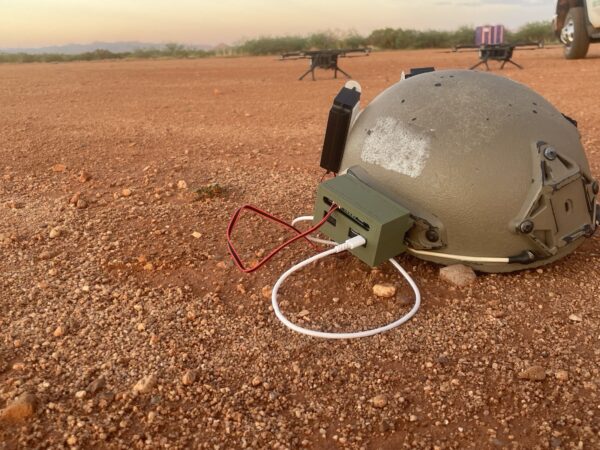 Drone Sentinel Nano Deployed on a military helmet in the Arizona desert listening to small load carrying drones